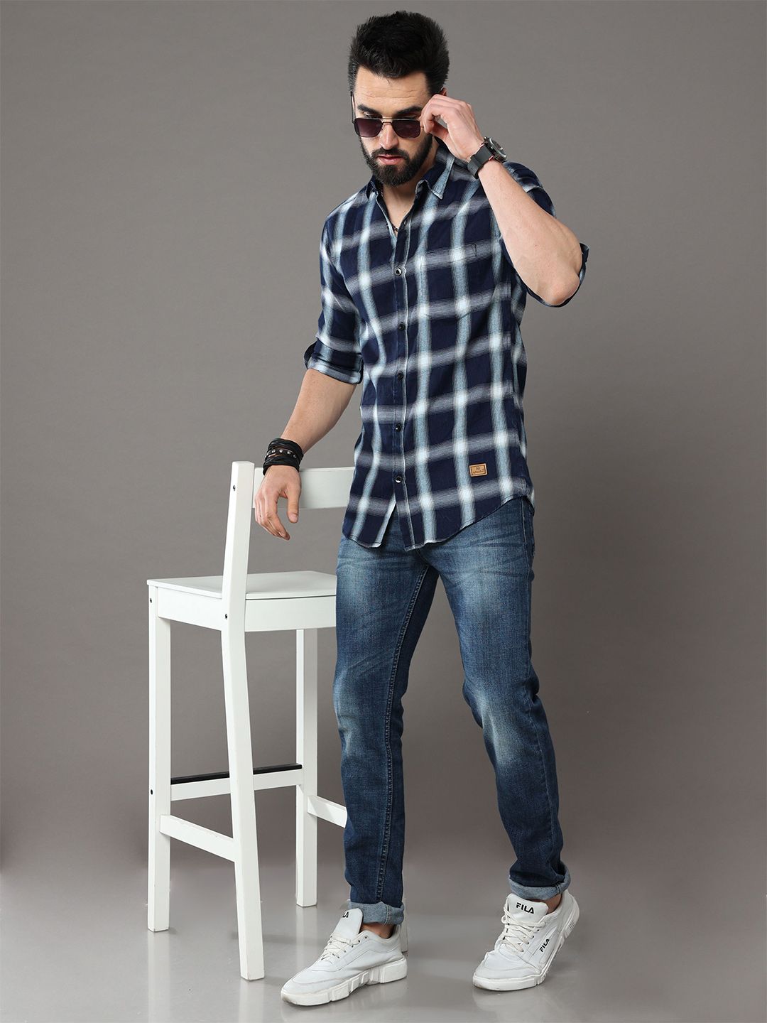 Tallwalker Men Straight Fit Spread Collar Tartan Checked Cotton Casual Shirt