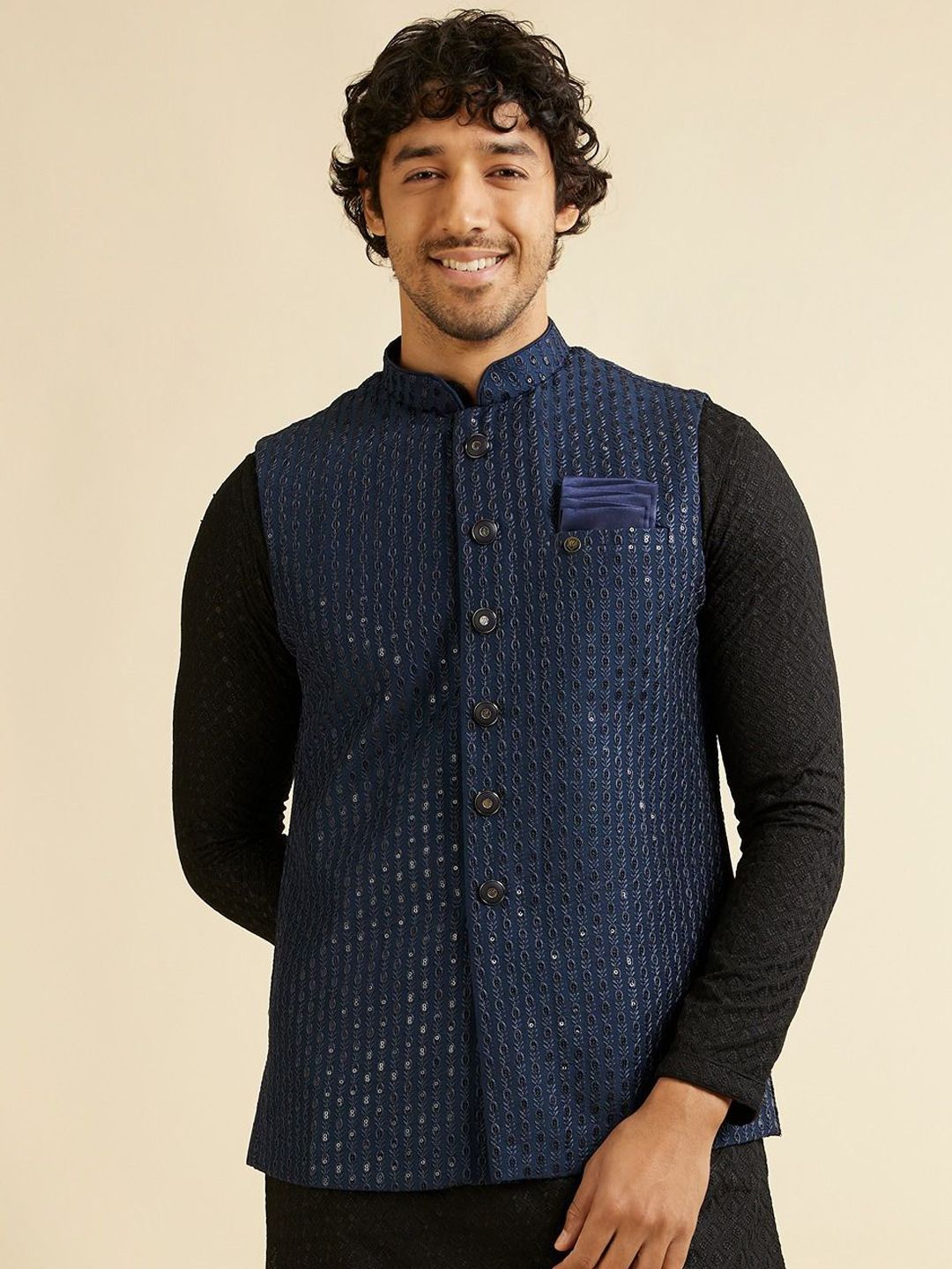Manyavar Men Embroidered Woven Nehru Jacket