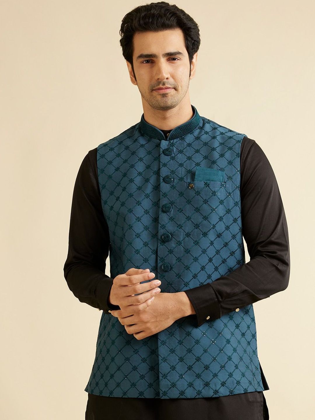 Manyavar Embroidered Woven Nehru Jacket