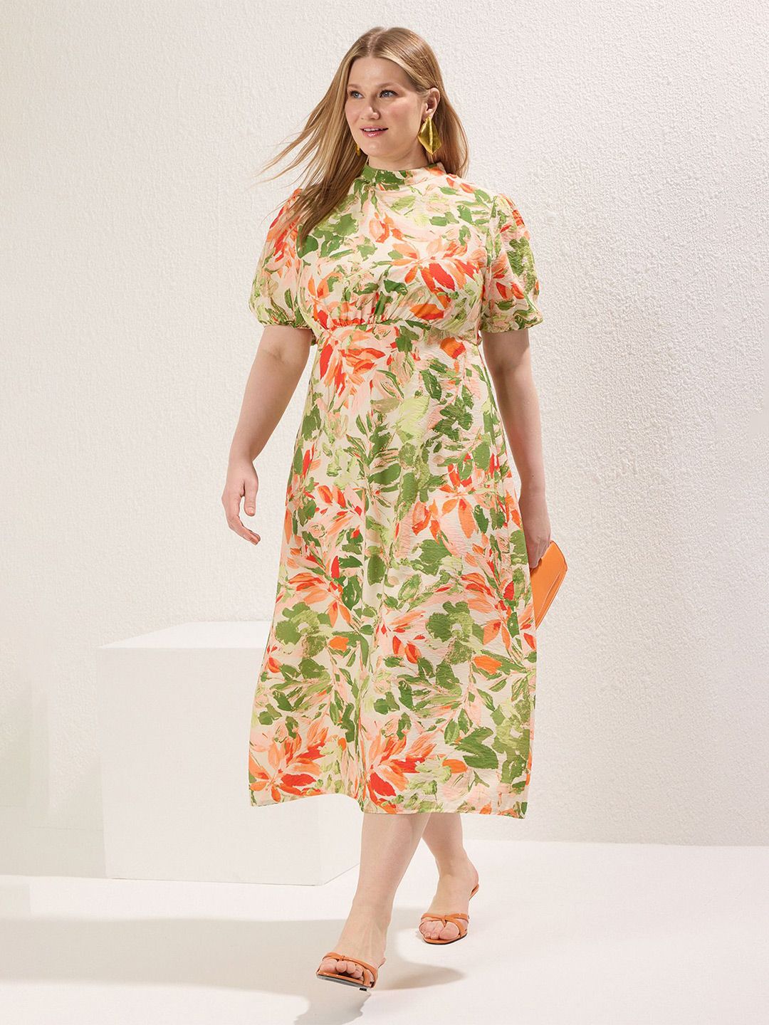 Trendyol Women Print Puff Sleeve Fit & Flare Midi Dress