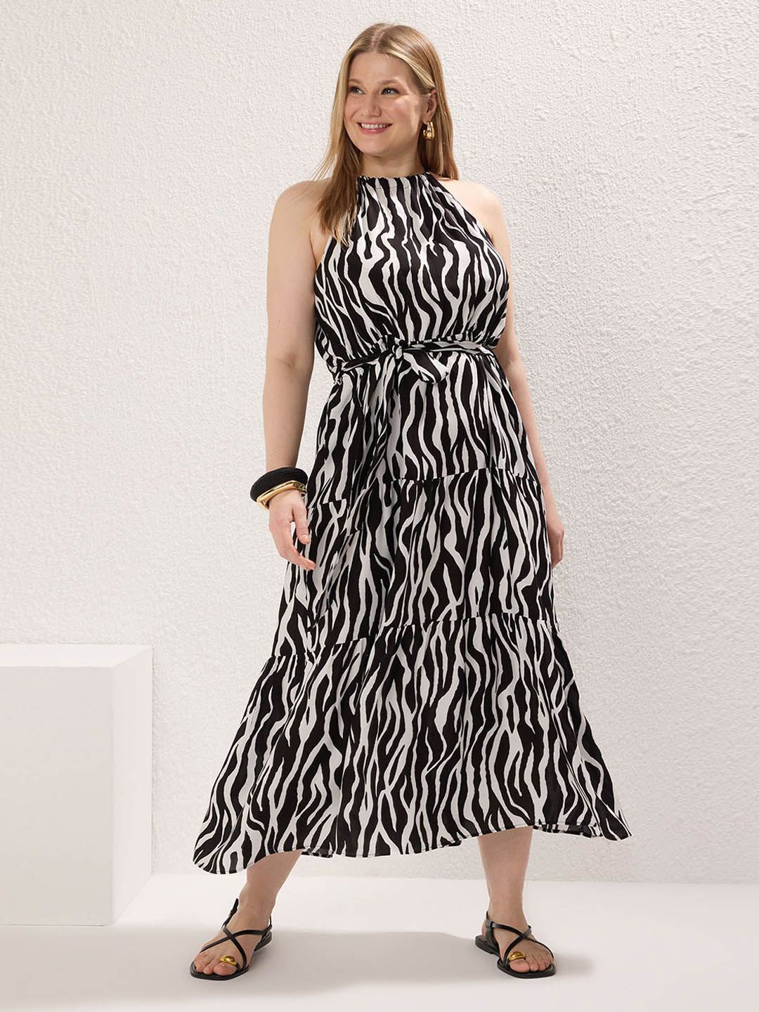 Trendyol Women Animal Print Halter Neck Maternity Midi Fit & Flare Dress