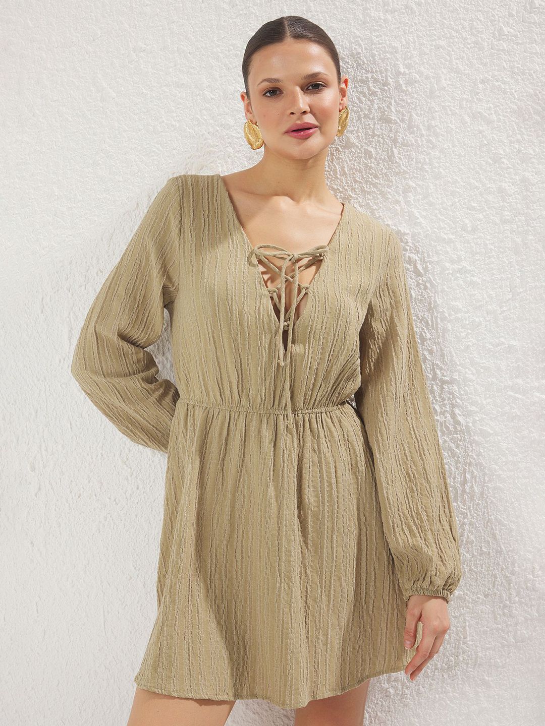 Trendyol Women Tie-Up Neck Puff Sleeve A-Line Dress