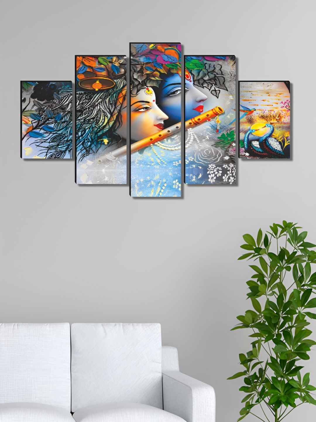 SAF SAF Blue & White 5 Pieces Religious Radha Krishna Wood Wall Art