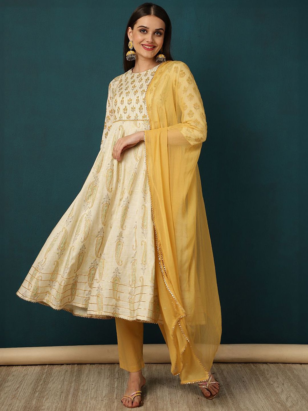 Jaipur Kurti Floral Printed Empire Gotta Patti A-Line Kurta With Trousers & Dupatta