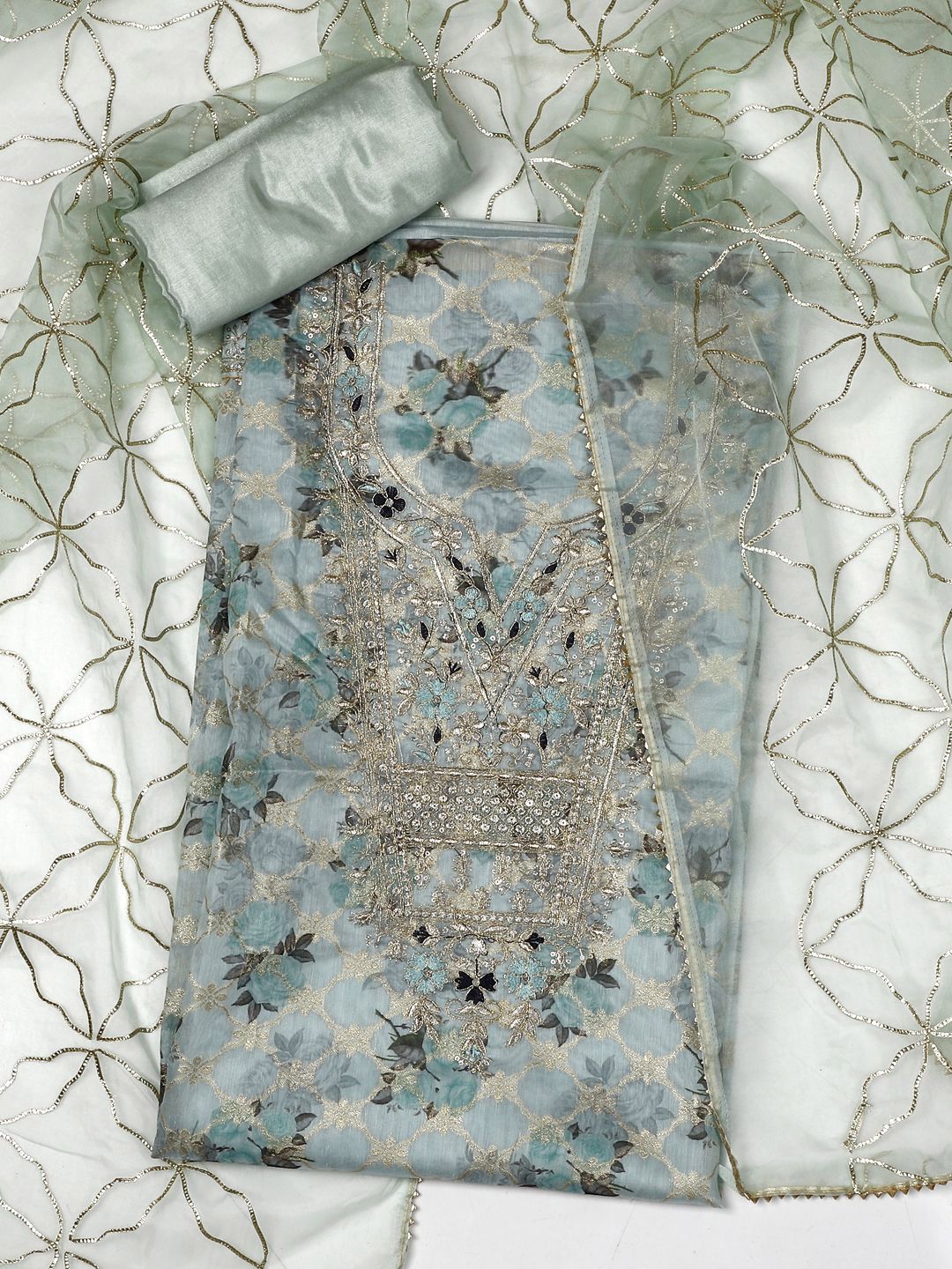 SALWAR STUDIO Floral Woven Design Sequinned Chanderi Silk Unstitched Dress Material