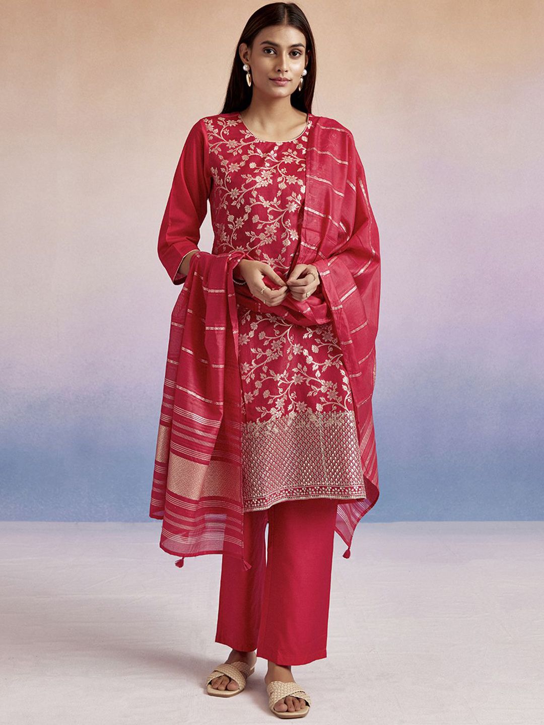 Jaipur Kurti Floral Embroidered Chanderi Cotton Kurta With Trousers & Dupatta