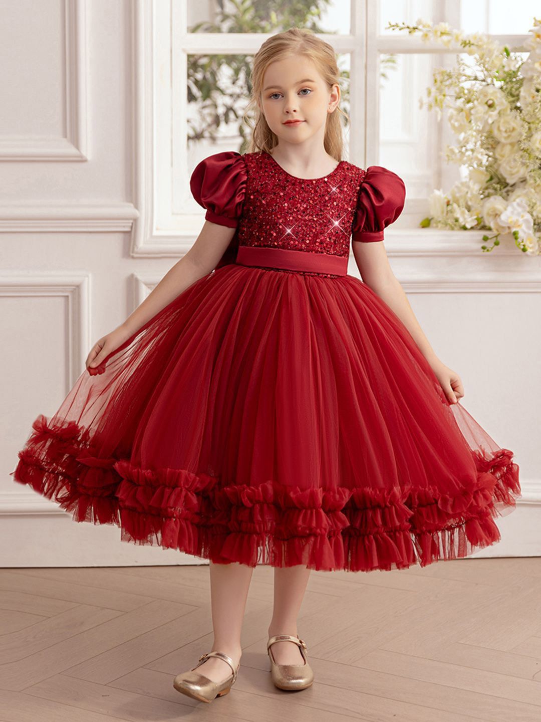 INCLUD Girls Embroidered Puff Sleeve Fit & Flare Dress