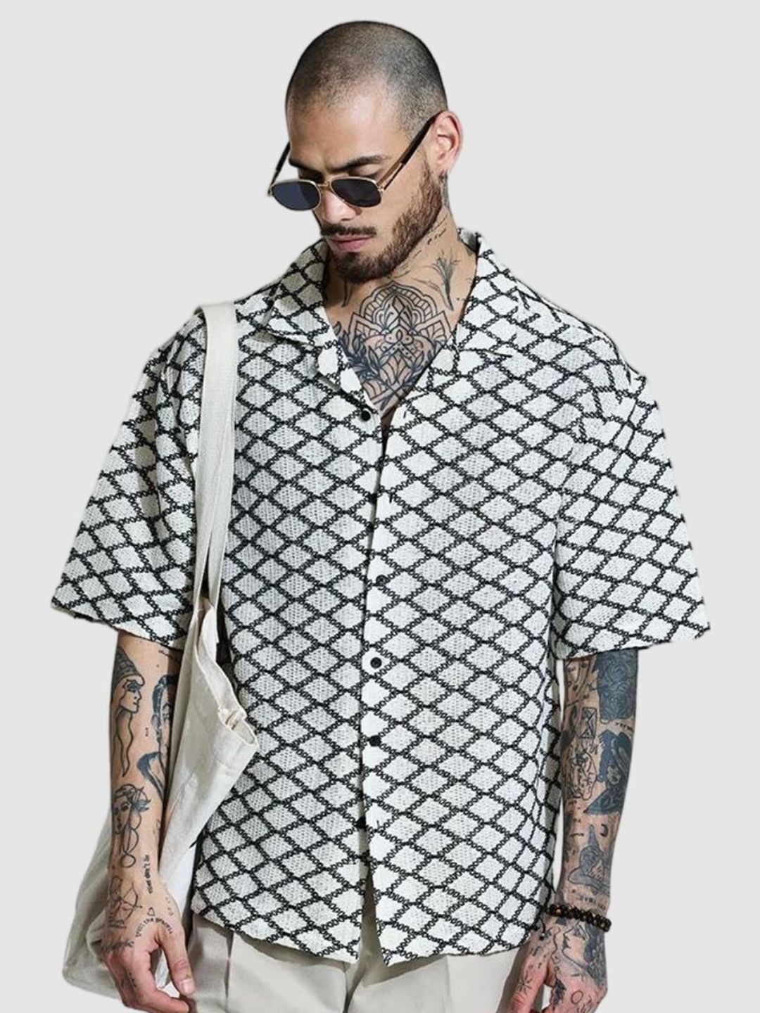 Snitch Men Relaxed Oversized Fit Cuban Collar Geometric Printed Cotton Casual Shirt