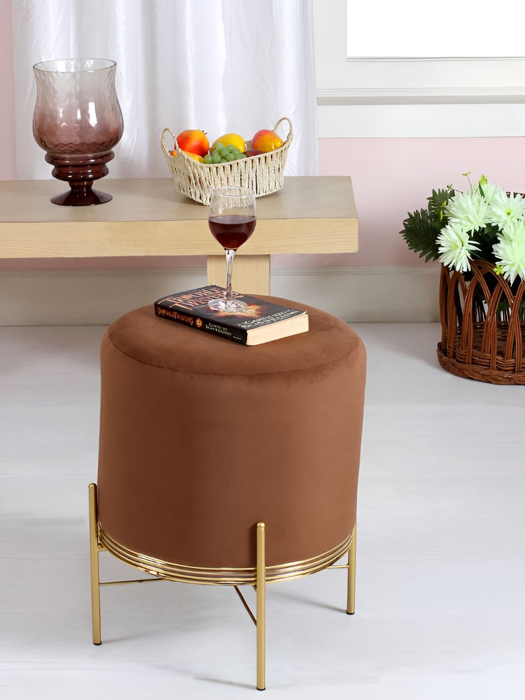 Shadowkart Brown & Gold-Toned Cylindrical Pouffes Ottomans