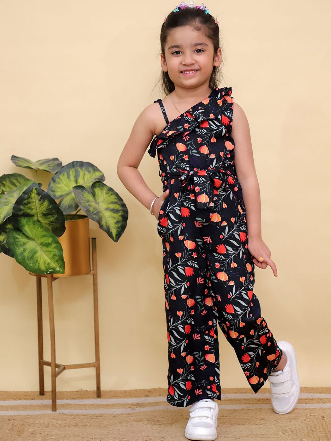 JUNITOS Girls One Shoulder Printed Basic Jumpsuit