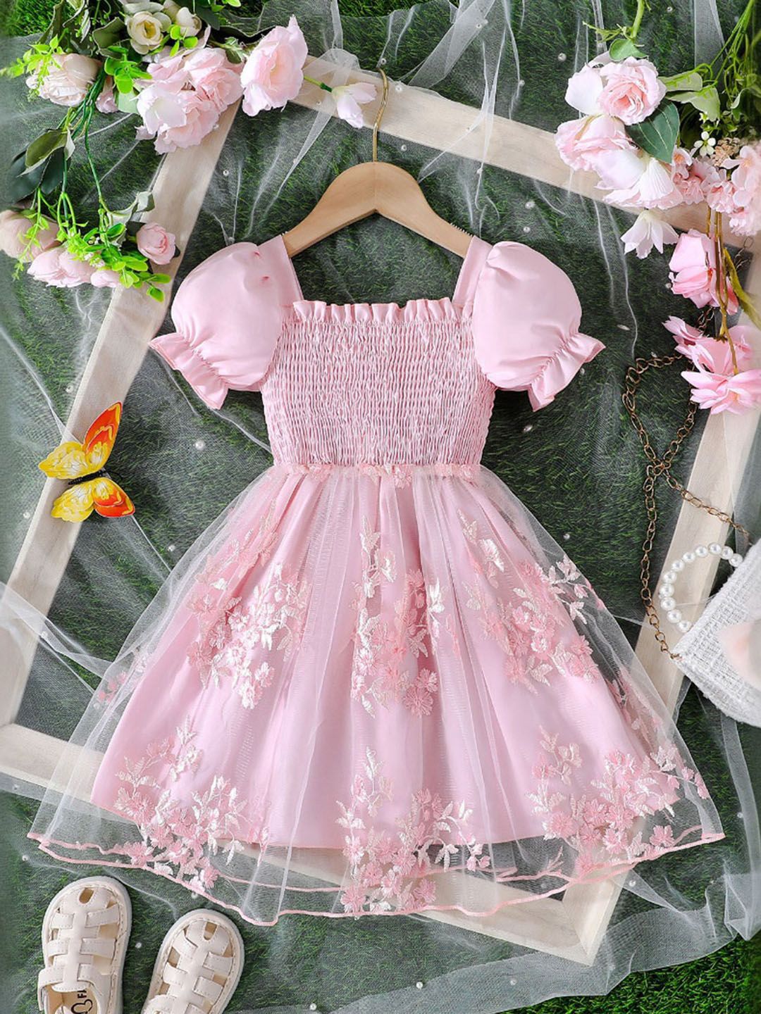 INCLUD Girl Floral Embroidered Puff Sleeve Smocked Tulle Fit & Flare Dress