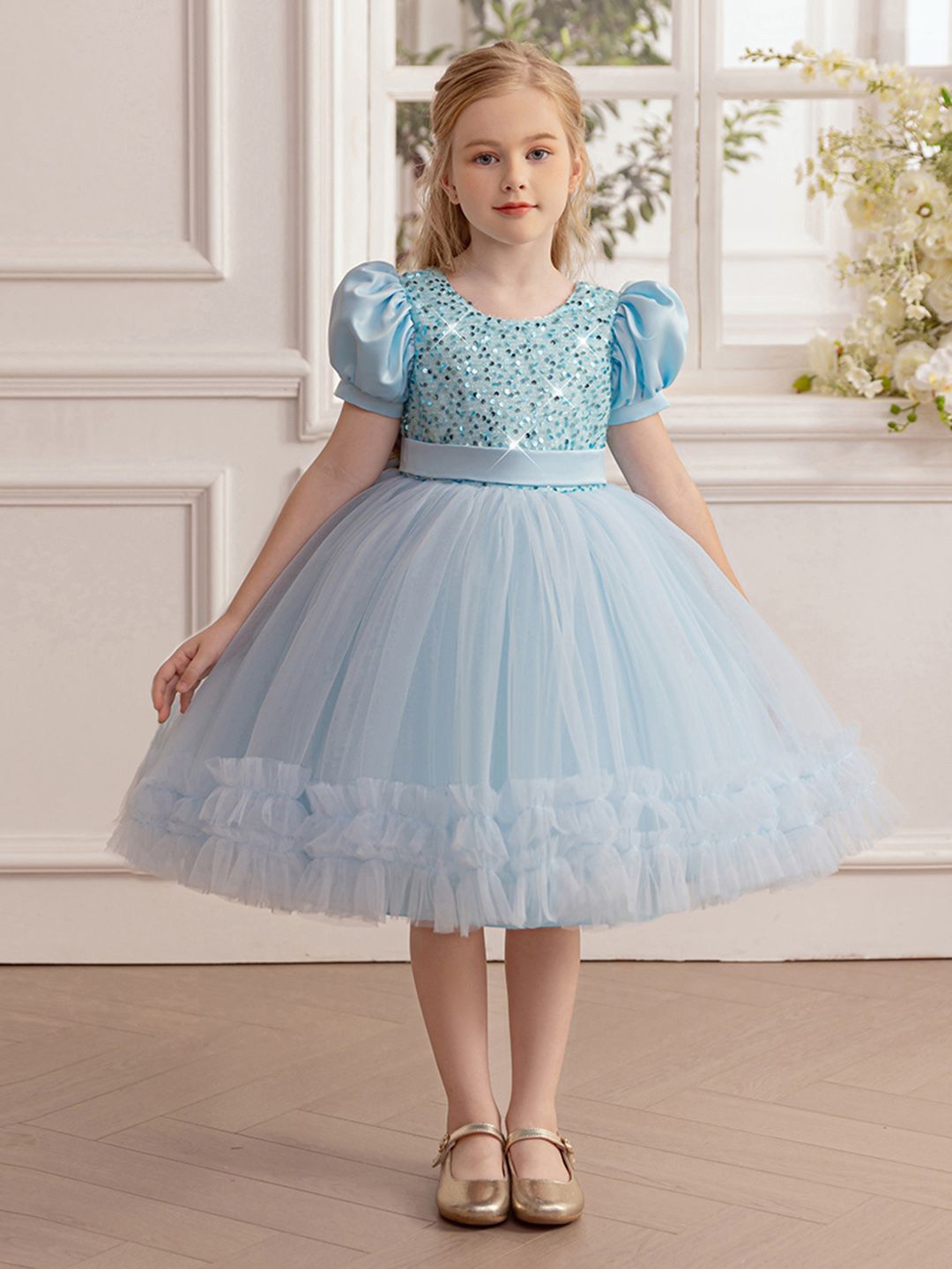 INCLUD Girls Puff Sleeve Fit & Flare Dress