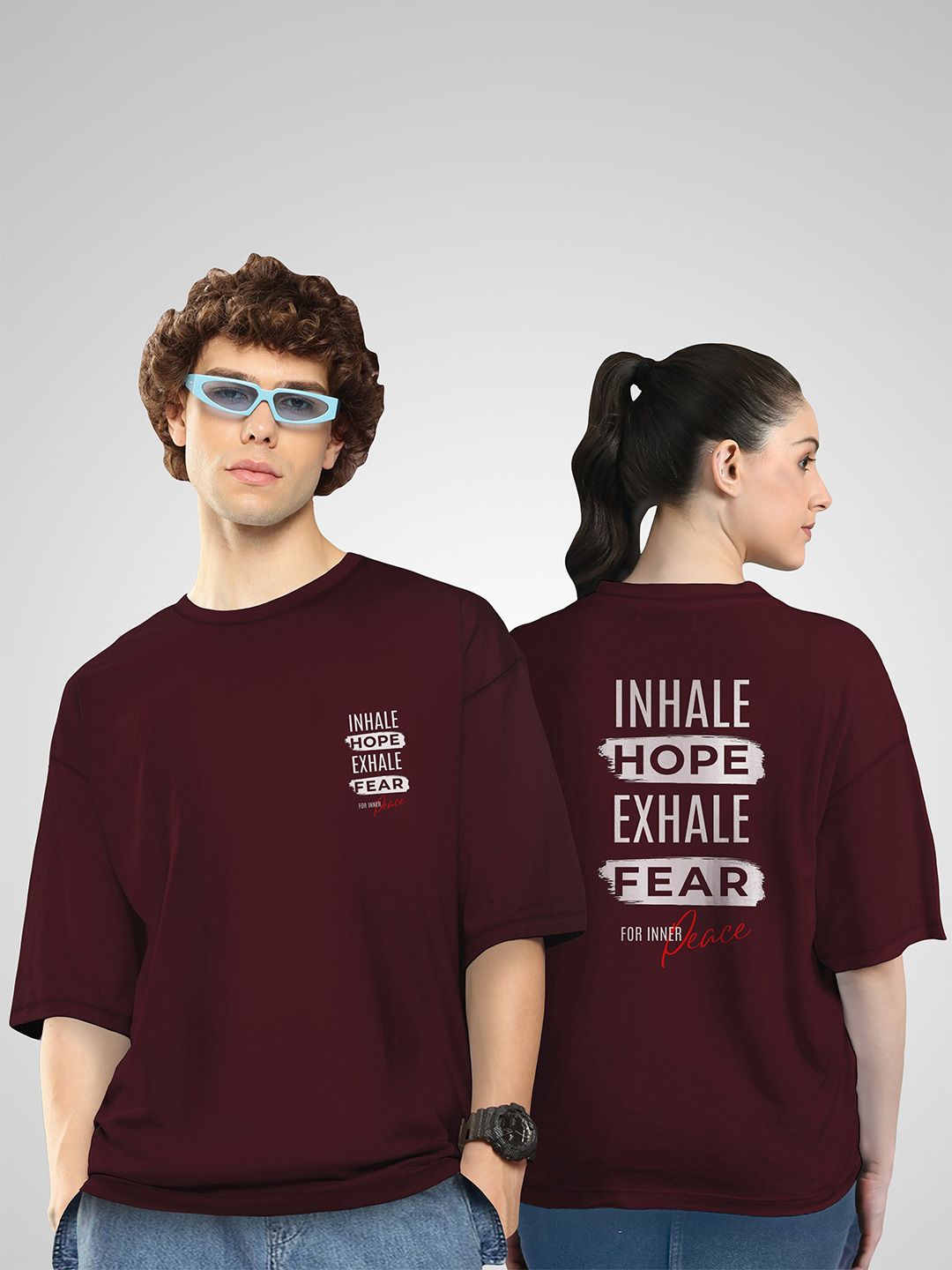 BAESD Unisex Twistform Twinny Zone Pack Of 2 InhaleHope Printed Cotton Oversized T-shirts