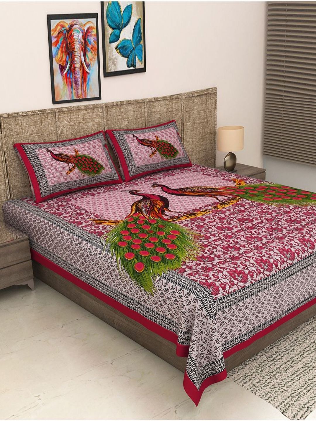 METRO LIVING METRO LIVING Pink Ethnic Motifs Cotton Skin-Friendly 104 TC Queen Bedsheet with 2 Pillow Covers-235 x 210 cm