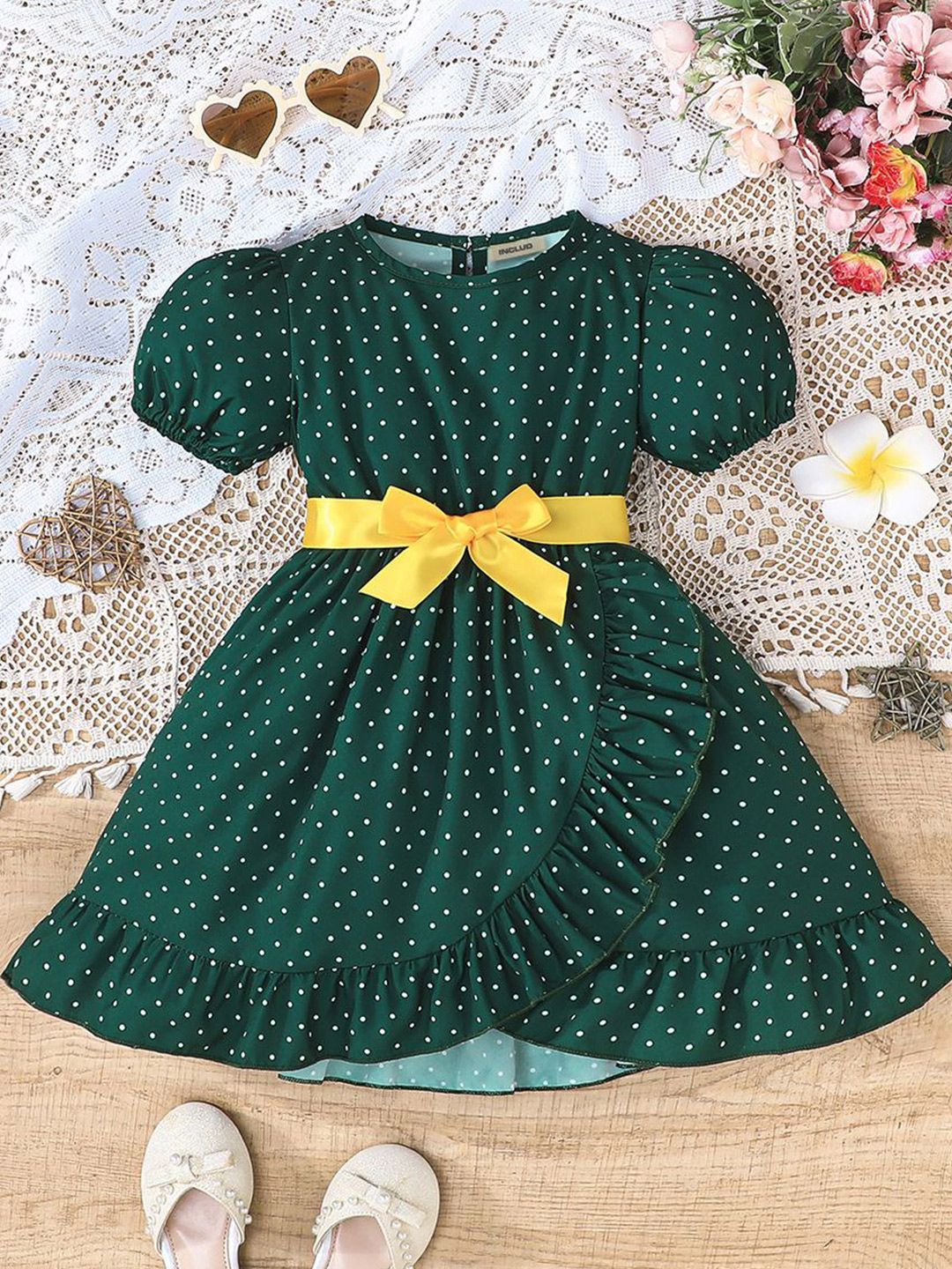 INCLUD Girls Polka Dots Print Puff Sleeve Fit & Flare Dress