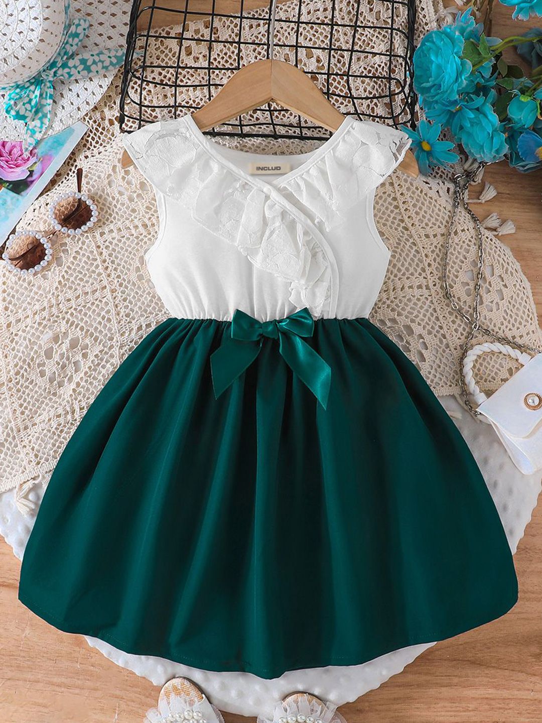 INCLUD Girls Colourblocked Sleeveless Fit & Flare Dress