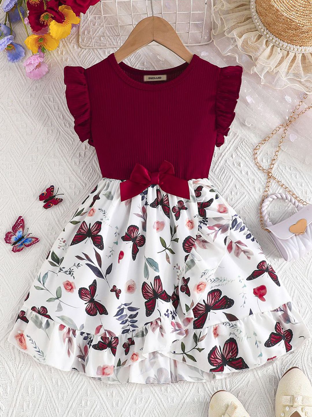 INCLUD Kids-Girls Tropical Print Flutter Sleeve Fit & Flare Dress