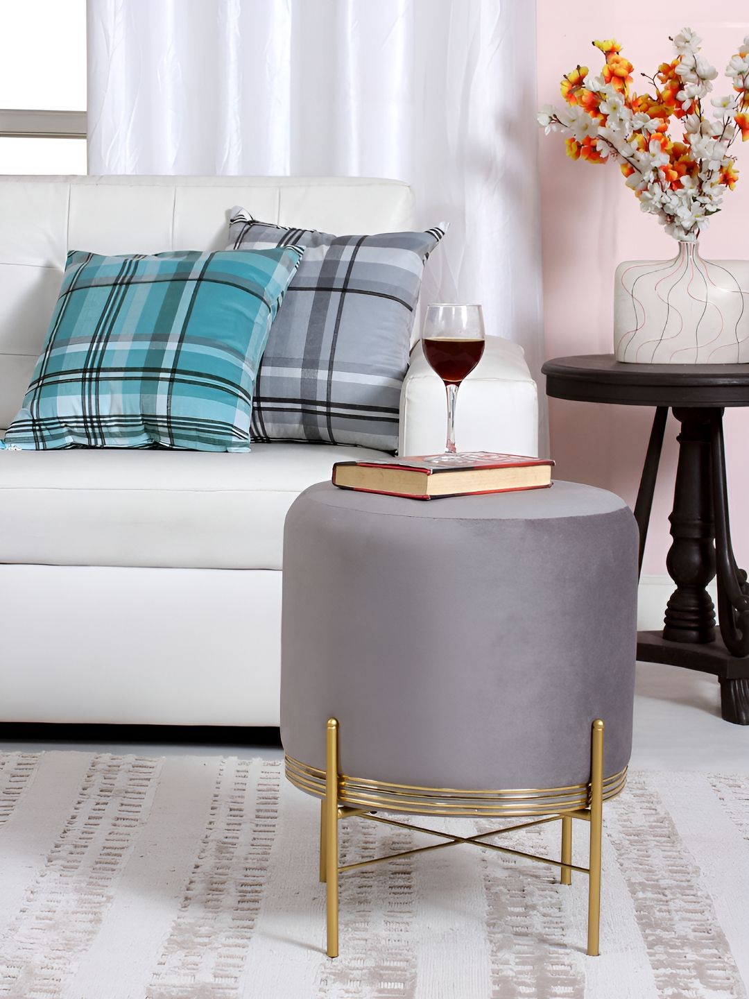 Shadowkart Grey And Gold Toned Cylindrical Pouffes Ottomans