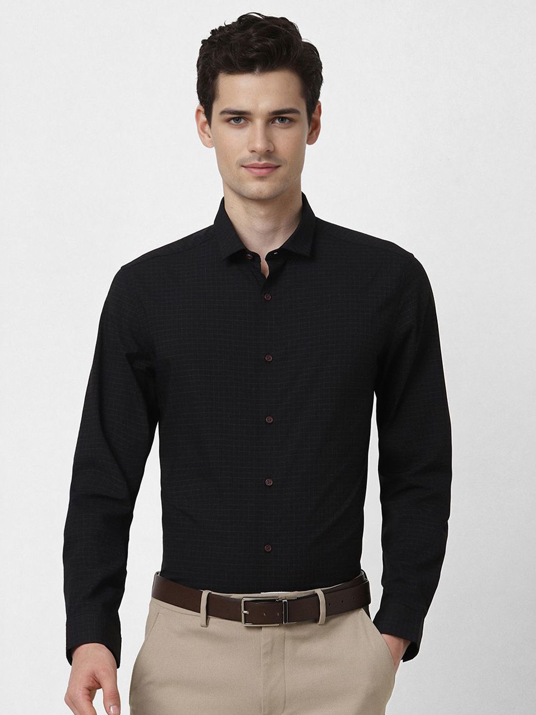 Peter England Men Spread Collar Grid Tattersall Checked Casual Shirt