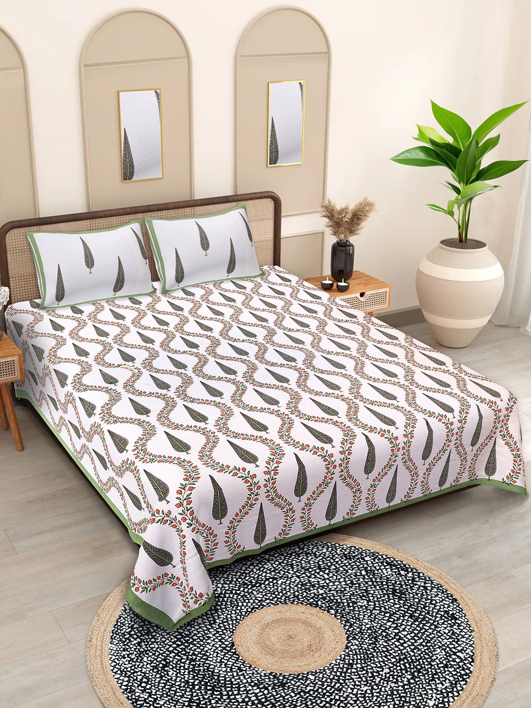 Texstylers White Floral Cotton 210 TC Queen Bedsheet with 2 Pillow Covers-2.74mX2.28m