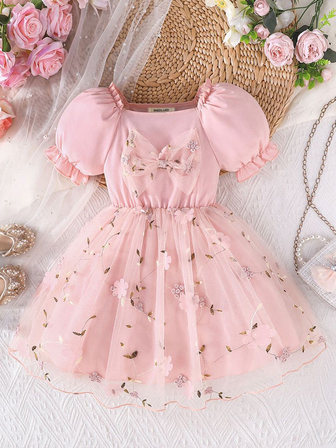 INCLUD Girls Floral Embroidered Square Neck Puff Sleeve Fit & Flare Dress