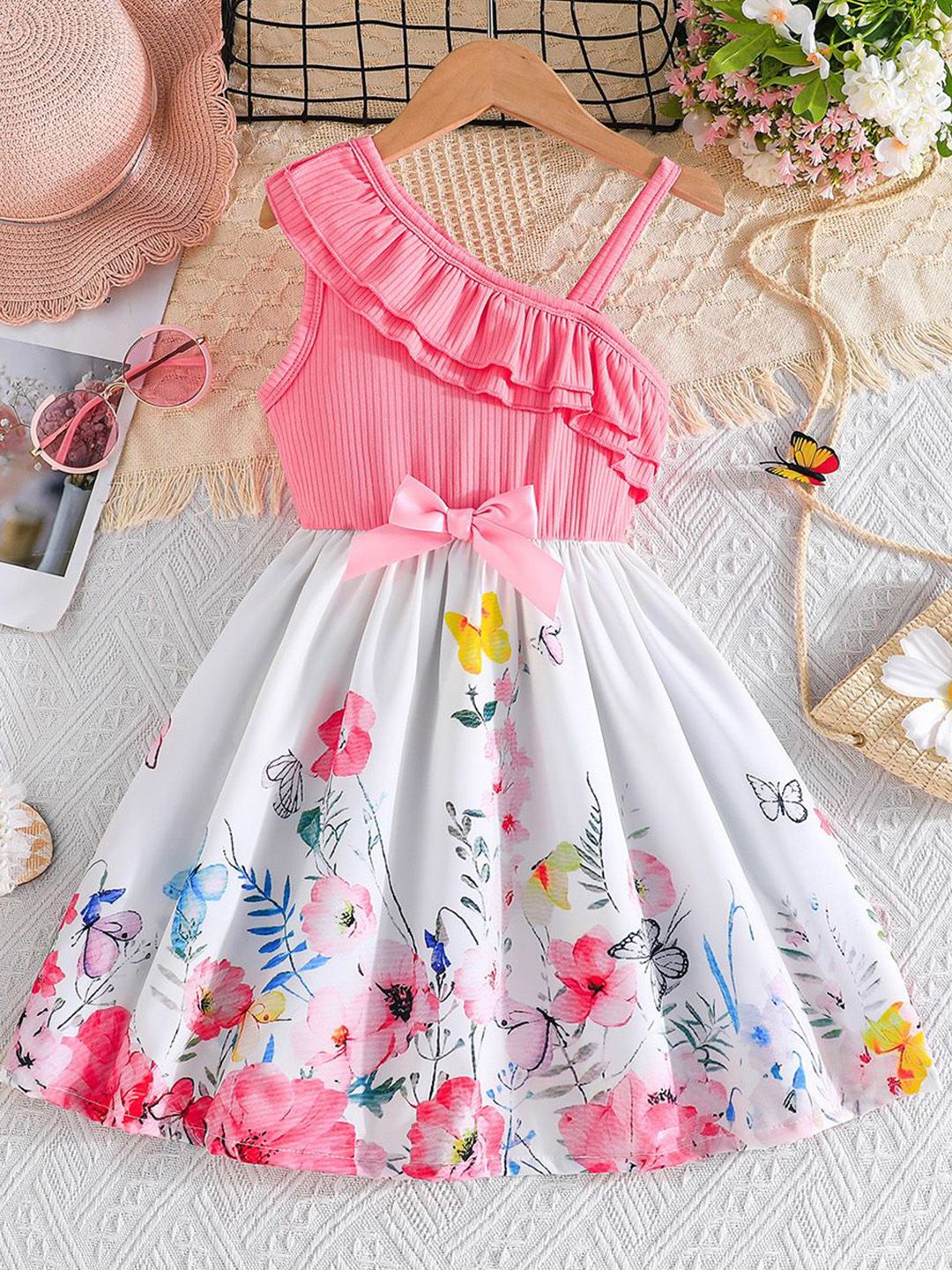 INCLUD Girls Pink Floral Printed One Shoulder Dress
