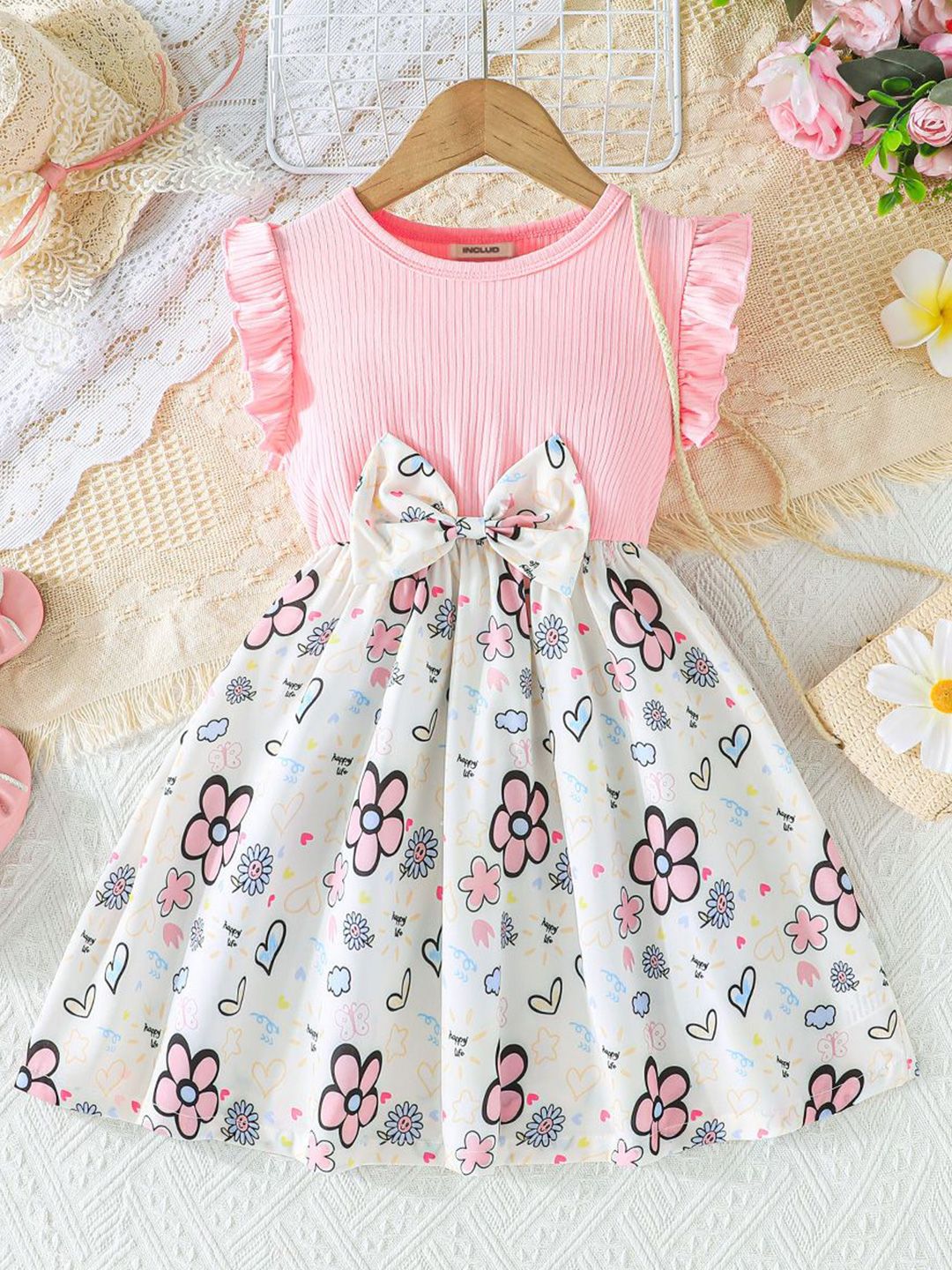 INCLUD Girls Floral Printed Flutter Sleeve Fit & Flare Dress