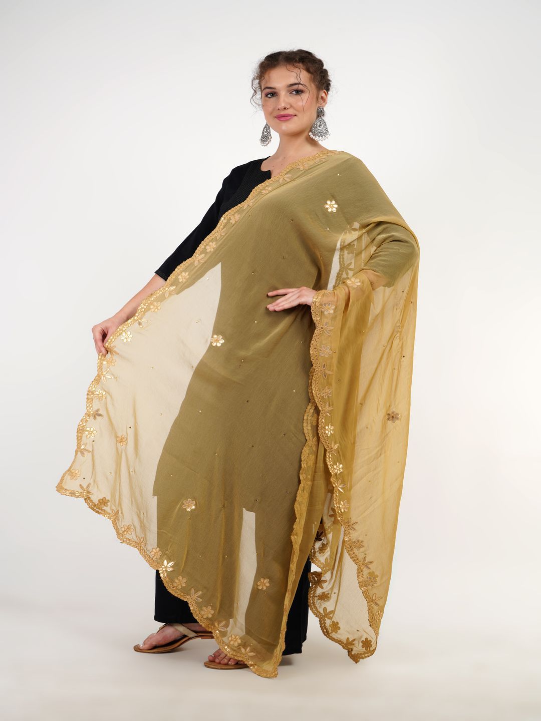 Karthav Fashion Floral Embroidered Gotta Patti Chiffon Cut Work Dupatta