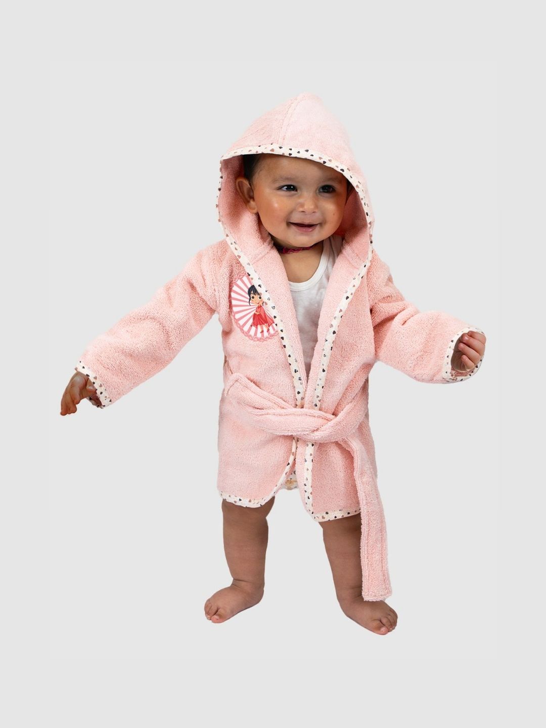 RANGOLI Baby Patch Pink Cotton Drawstring Knee Length Bath Robe with Pair Slipper-18-24M