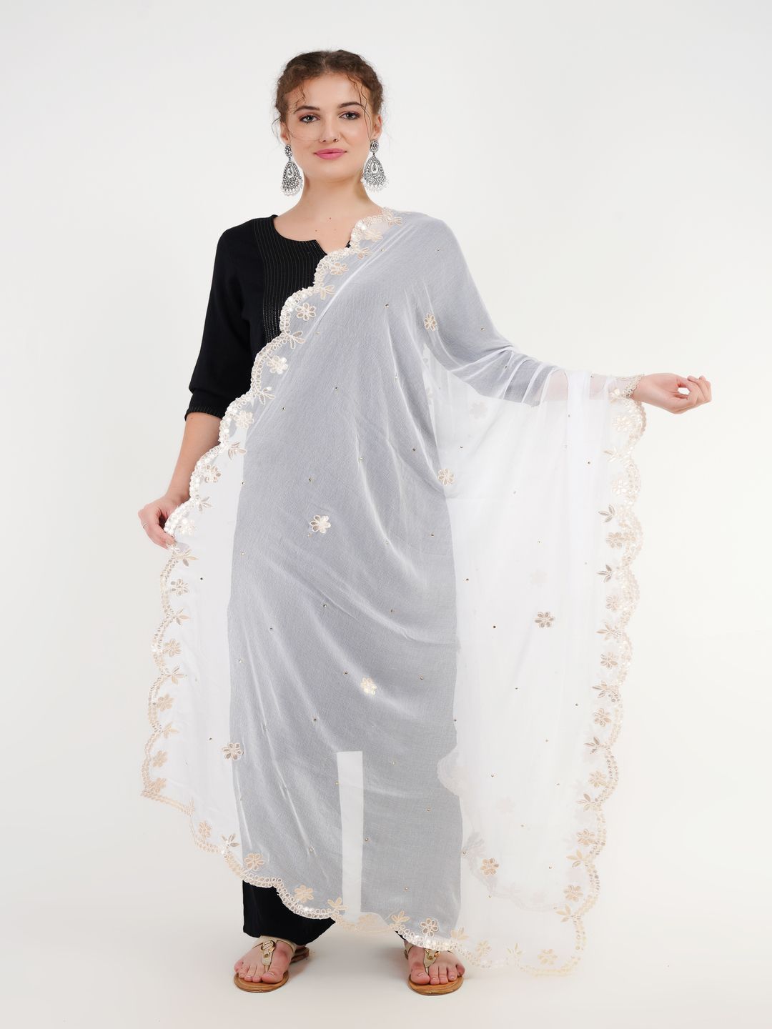 Karthav Fashion Floral Embroidered Gotta Patti Chiffon Cut Work Dupatta