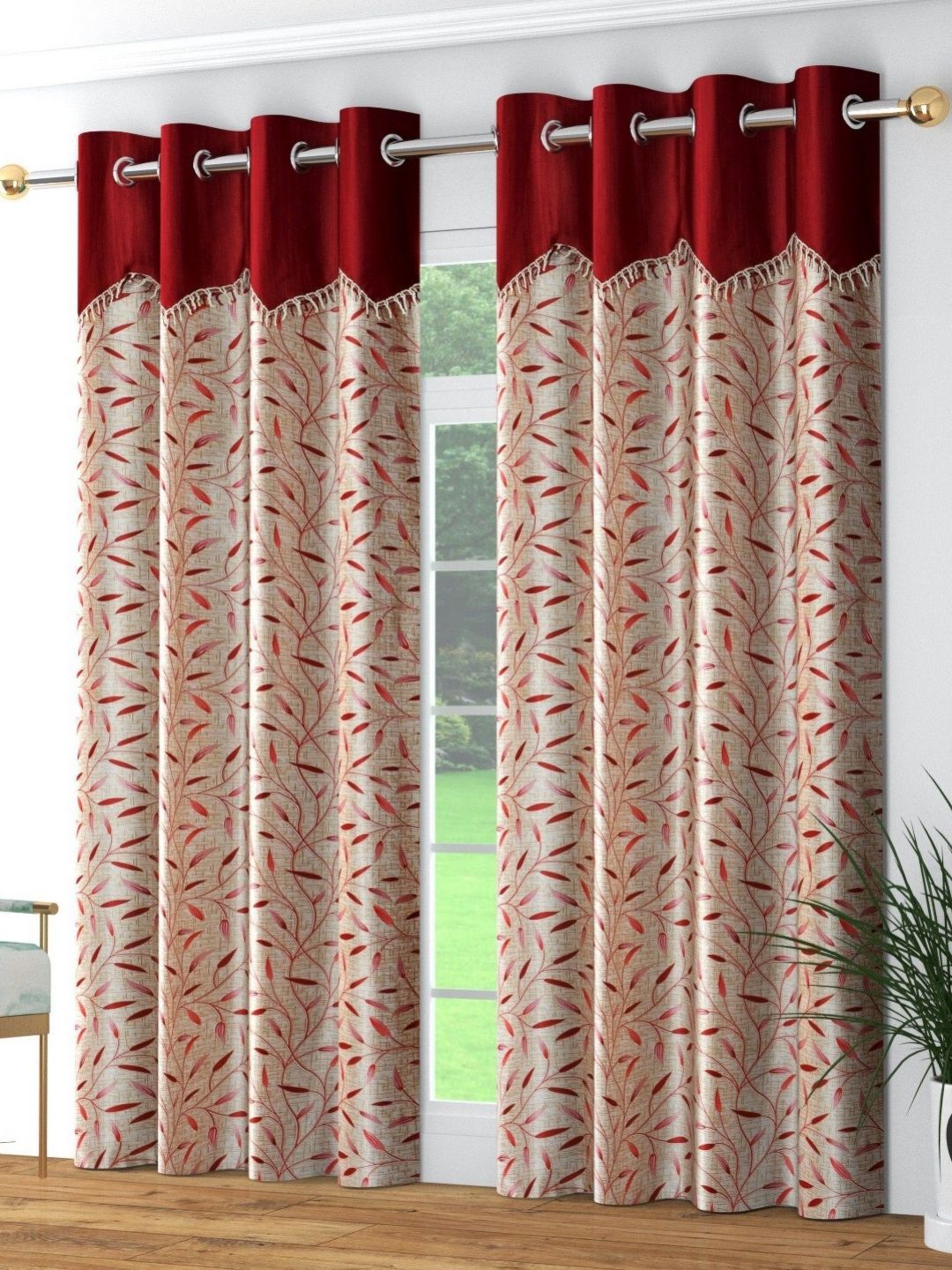 Galaxy Home Decor Galaxy Home Decor Maroon & Beige 2 Pieces Floral Printed Long Door Curtain - 9 Feet