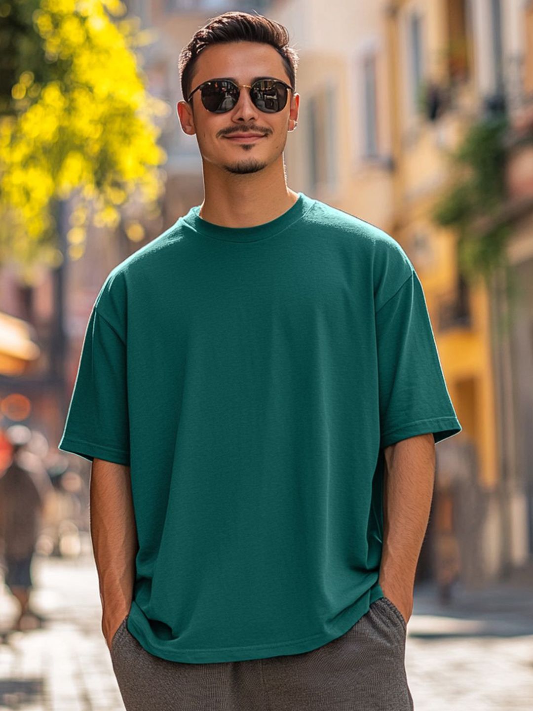 VEIRDO Men Solid Round Neck Cotton Oversized T-shirt