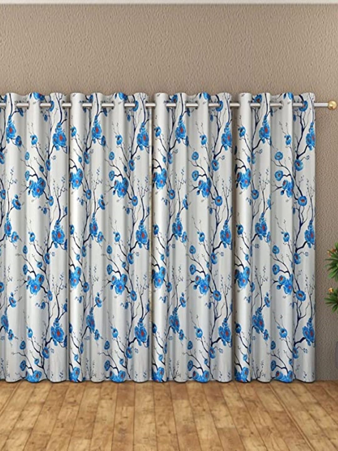 Galaxy Home Decor Blue & White Floral Printed 4 Pieces Long Door Curtain
