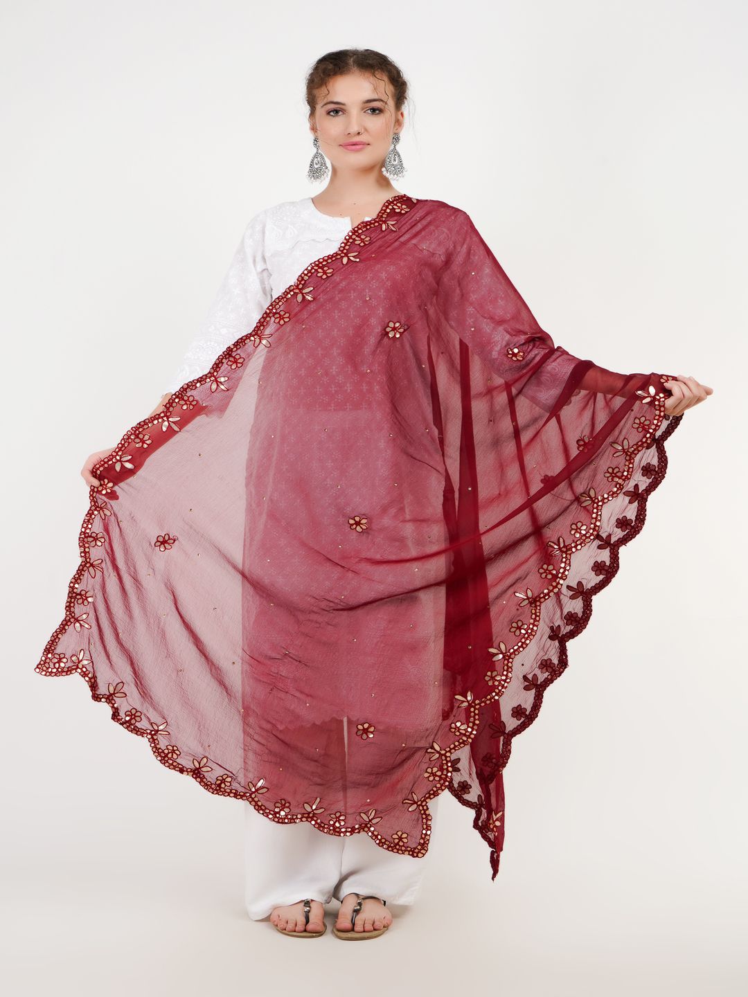 Karthav Fashion Floral Embroidered Gotta Patti Chiffon Cut Work Dupatta