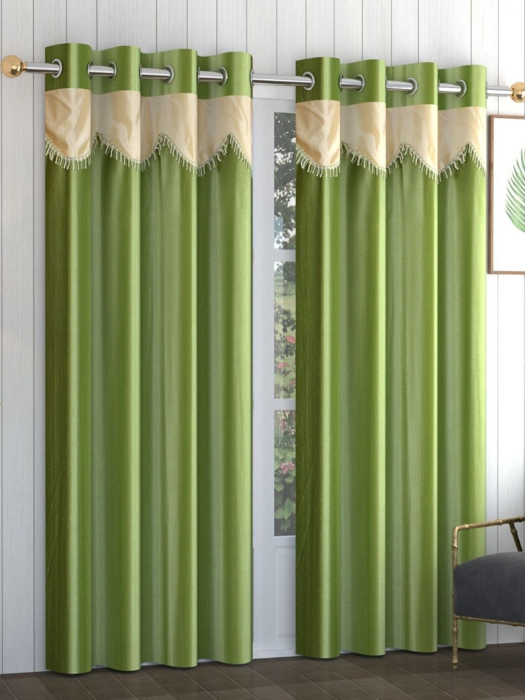 Galaxy Home Decor Green & Beige 2 Pieces Textured Long Door Curtains