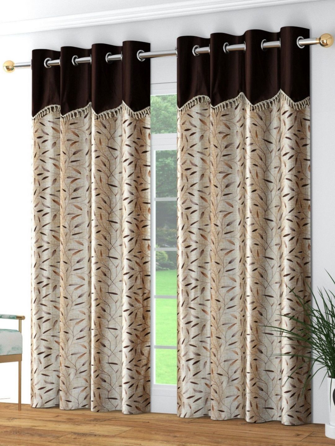 Galaxy Home Decor Brown & Beige 2 Pieces Floral Printed Long Door Curtains