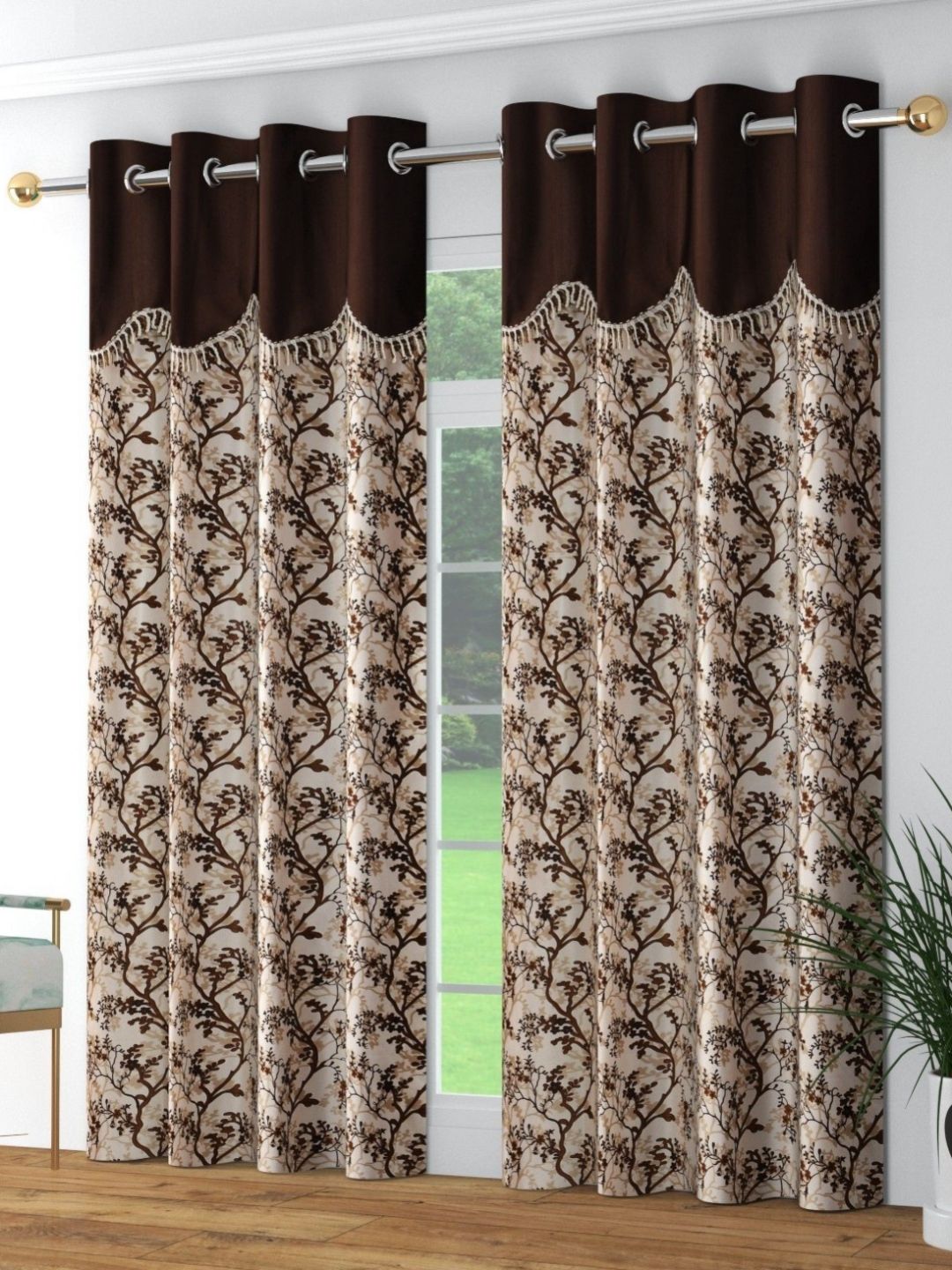 Galaxy Home Decor Brown 2 Pieces Floral Printed Window Curtain 5 Feet