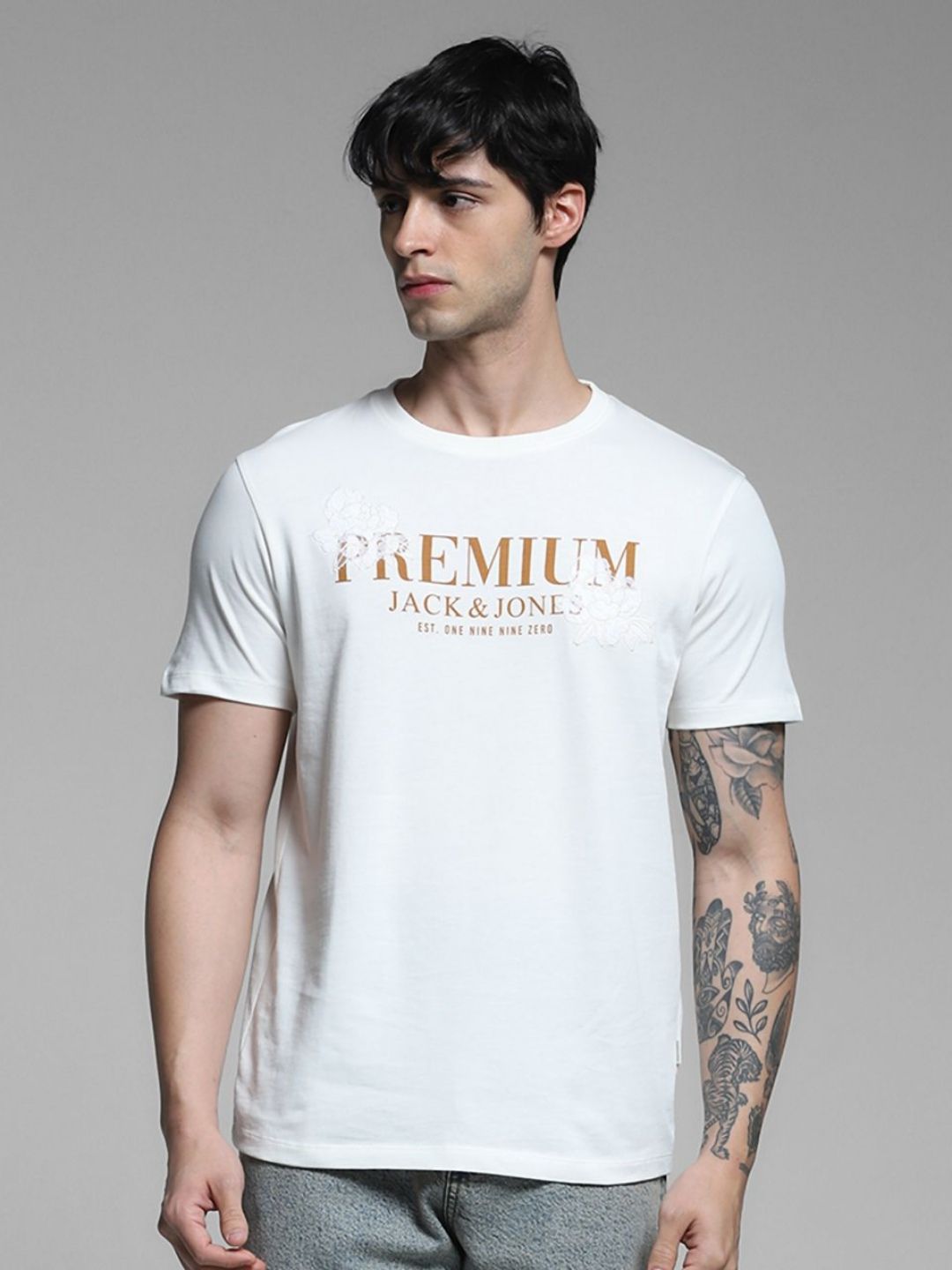 Jack & Jones Men Typography Printed Round Neck Cotton T-shirt