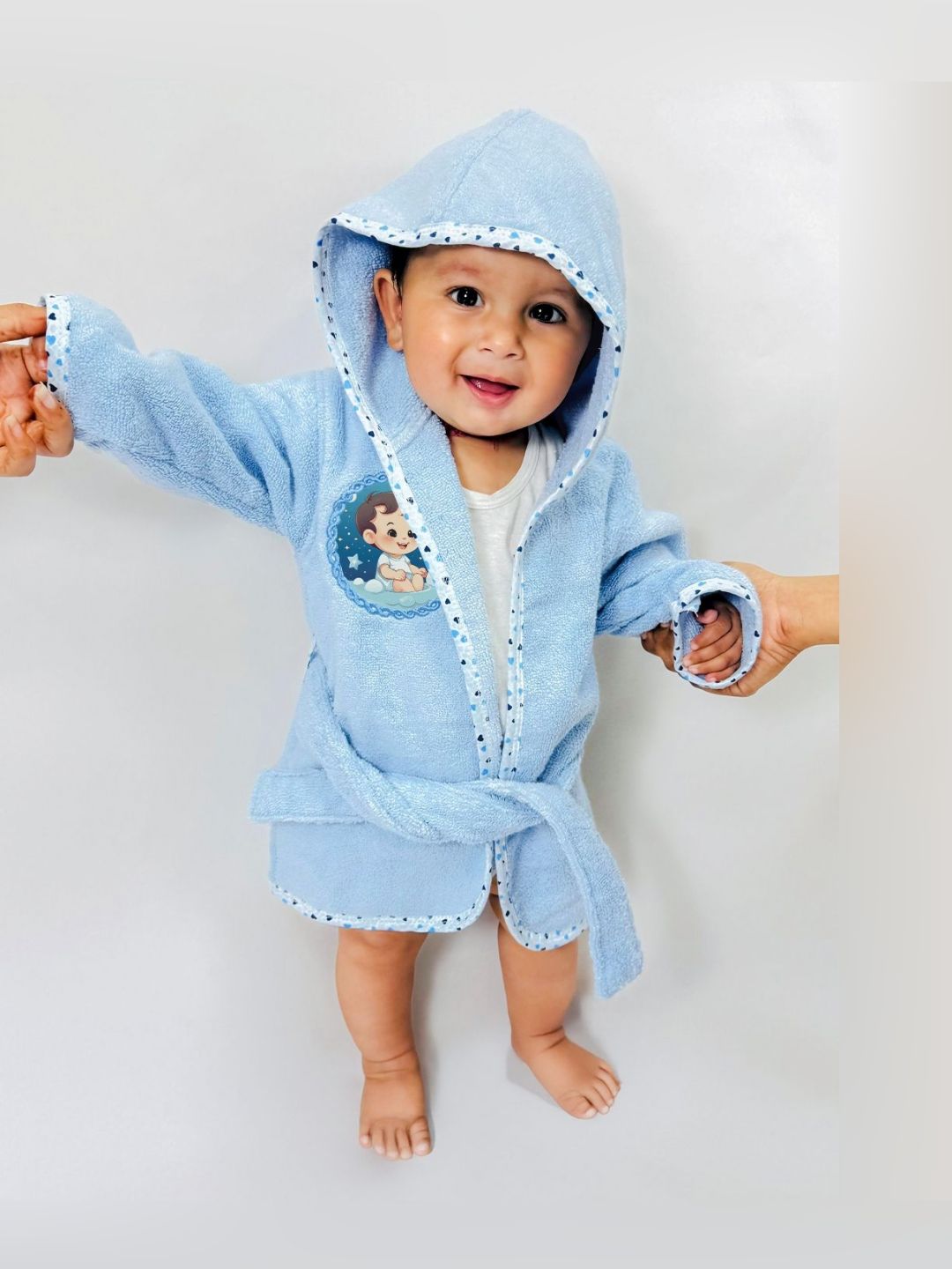 RANGOLI Baby Patch Blue Cotton Drawstring Knee Length Bath Robe with Pair Slipper-18-24M