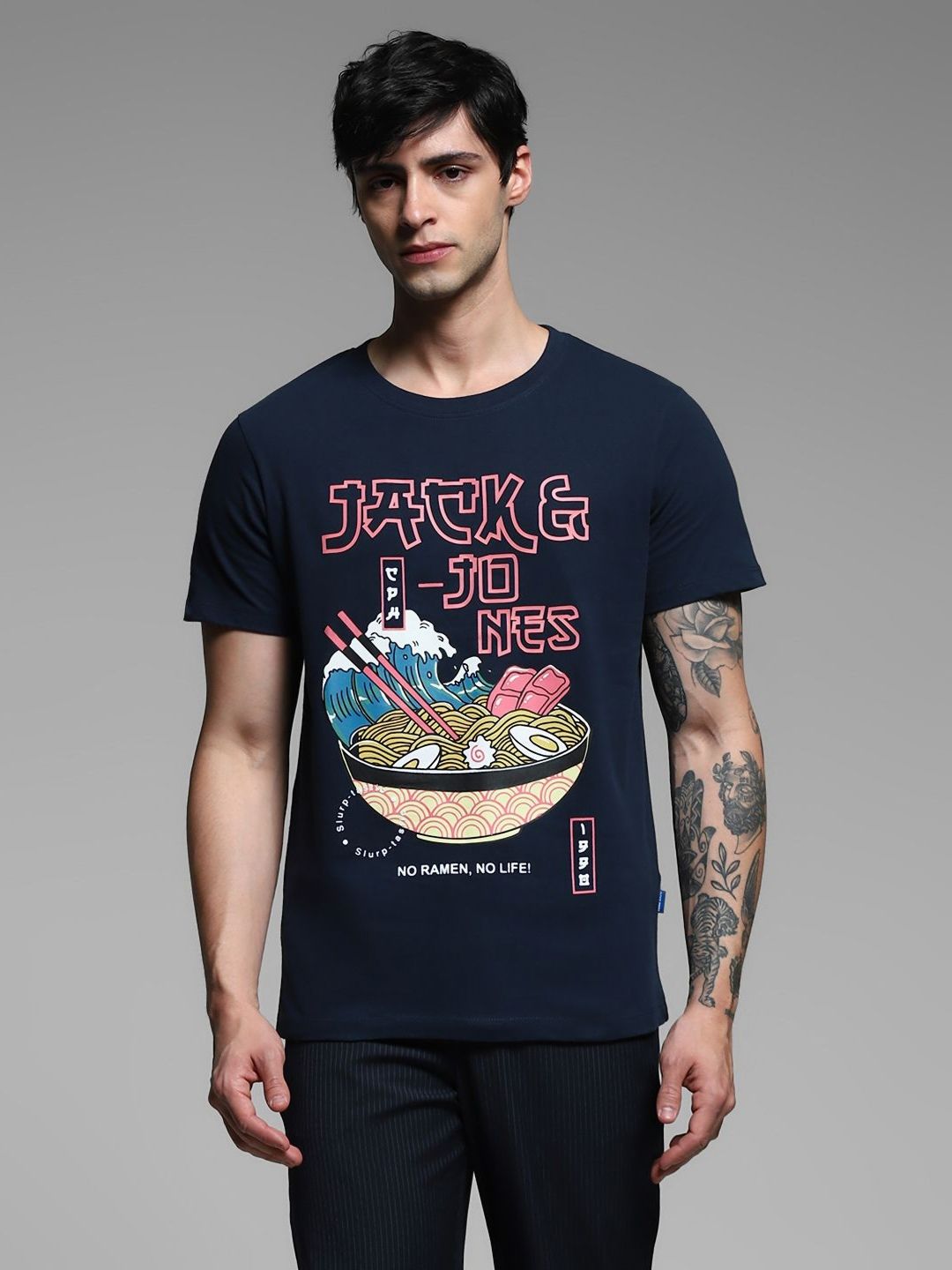 Men Printed Cotton T-shirt Jack & Jones Men Graphic Printed Round Neck Cotton T-shirt