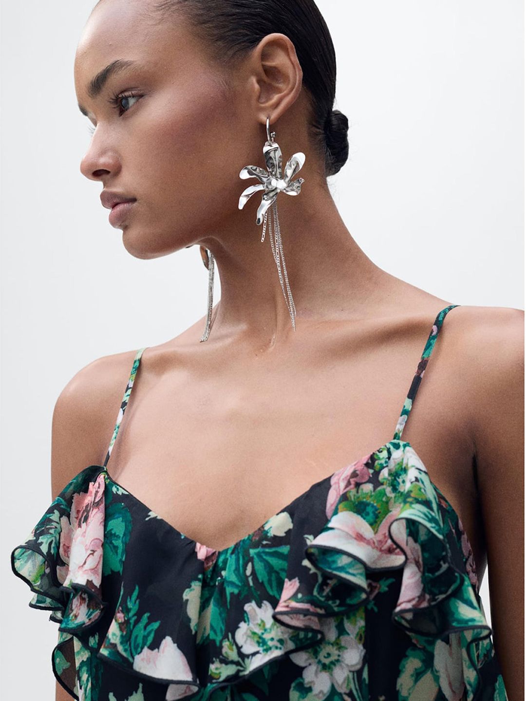 Floral Print Ruffled Detail Shoulder Straps Georgette Maxi A-Line Dress