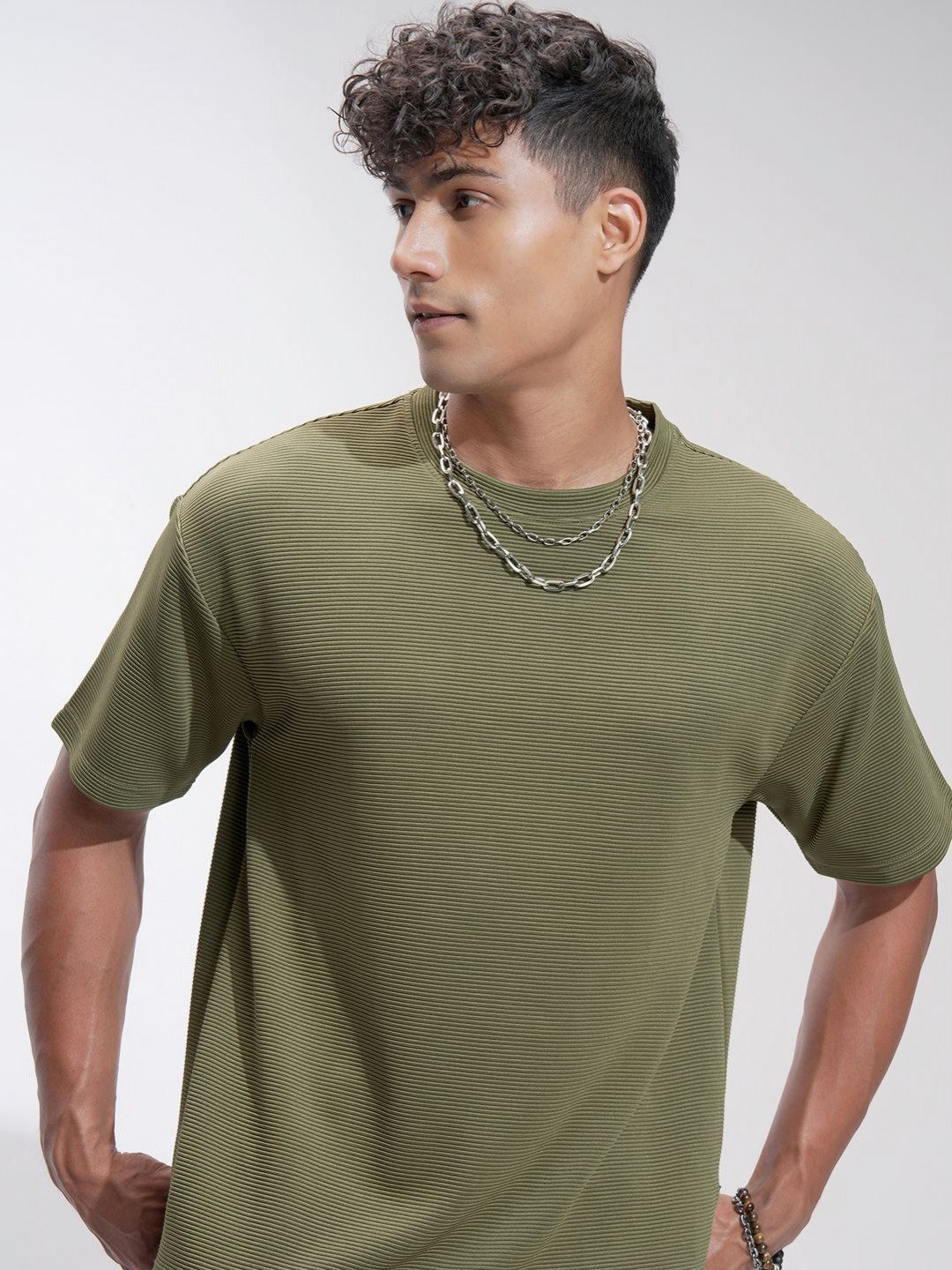 HIGHLANDER Men Self Design Round Neck Oversized T-shirt