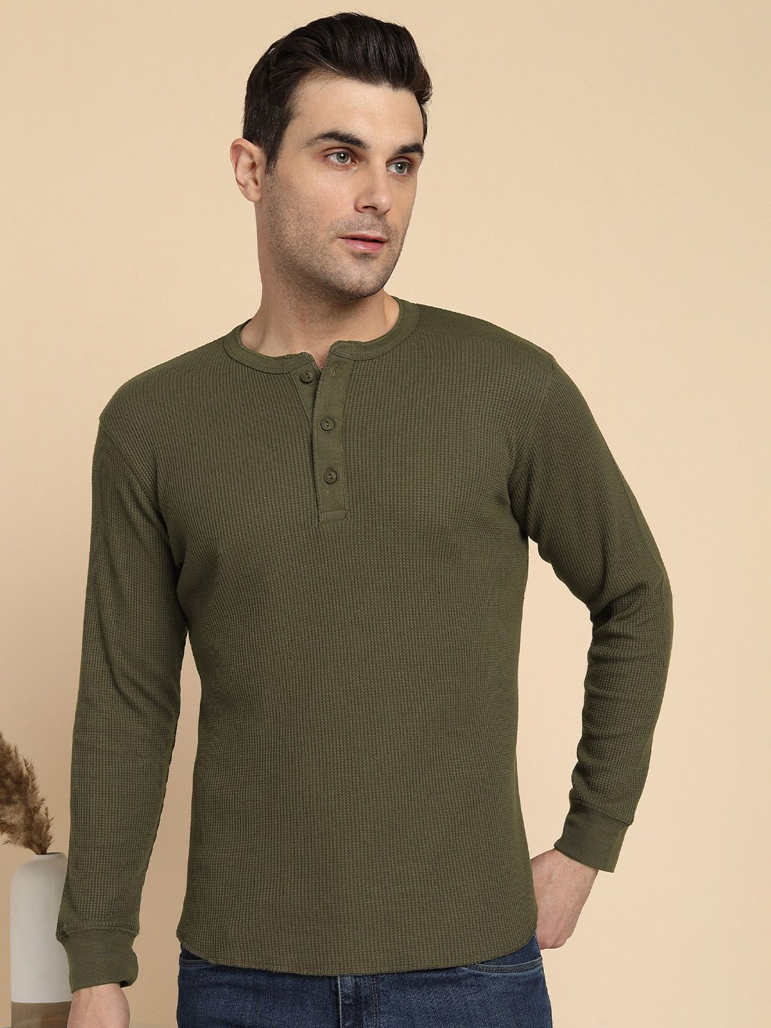 Alan Jones Men Self Design Henley Neck T-shirt