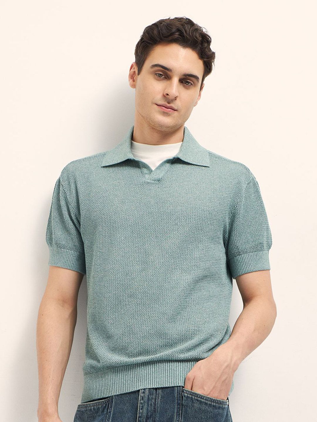 THE BEAR HOUSE Men Self Design Polo Collar Cotton Relaxed Fit T-shirt