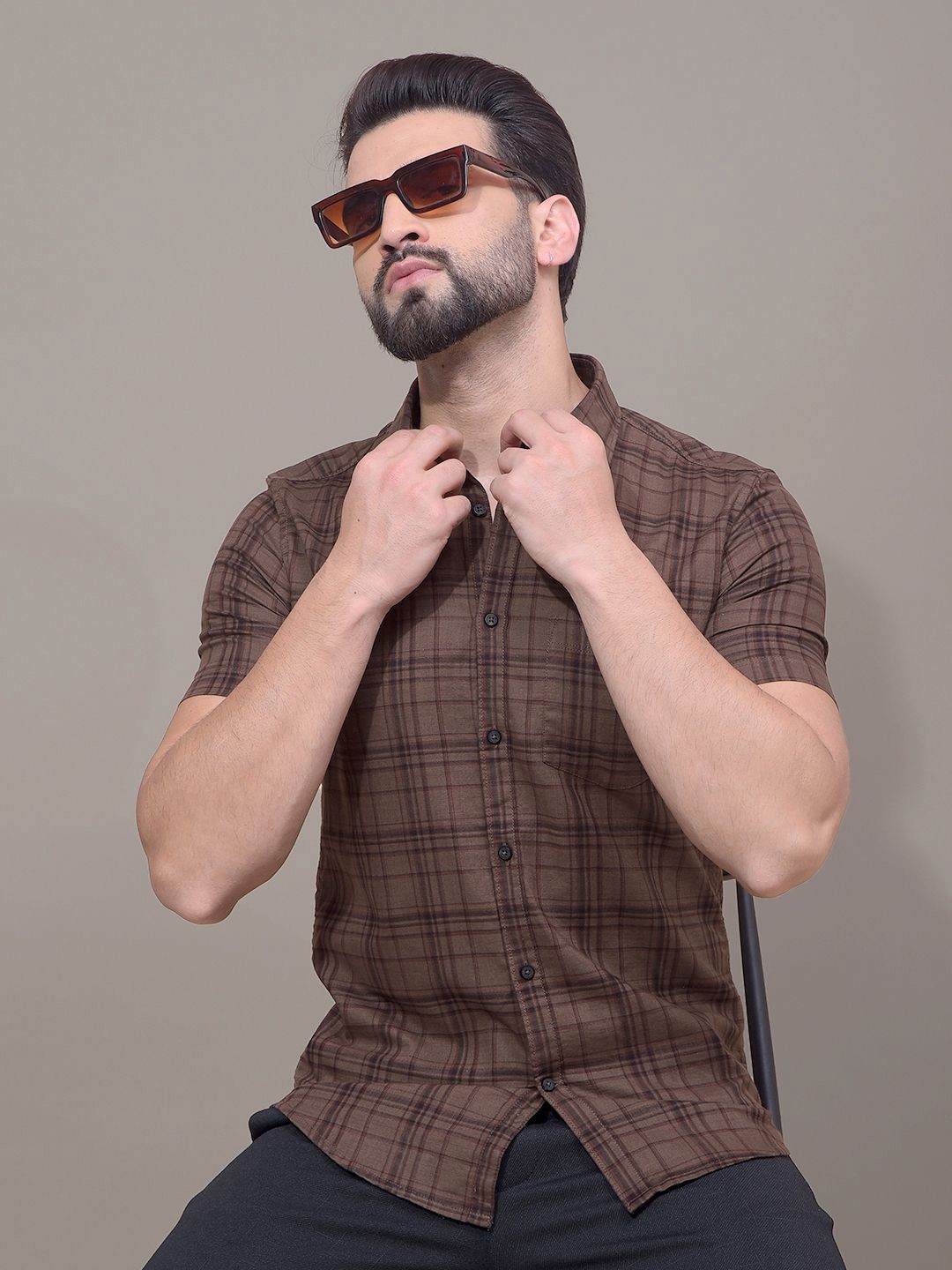 Crimsoune Club Men Classic Fit Tartan Checked Spread Collar Cotton Casual Shirt