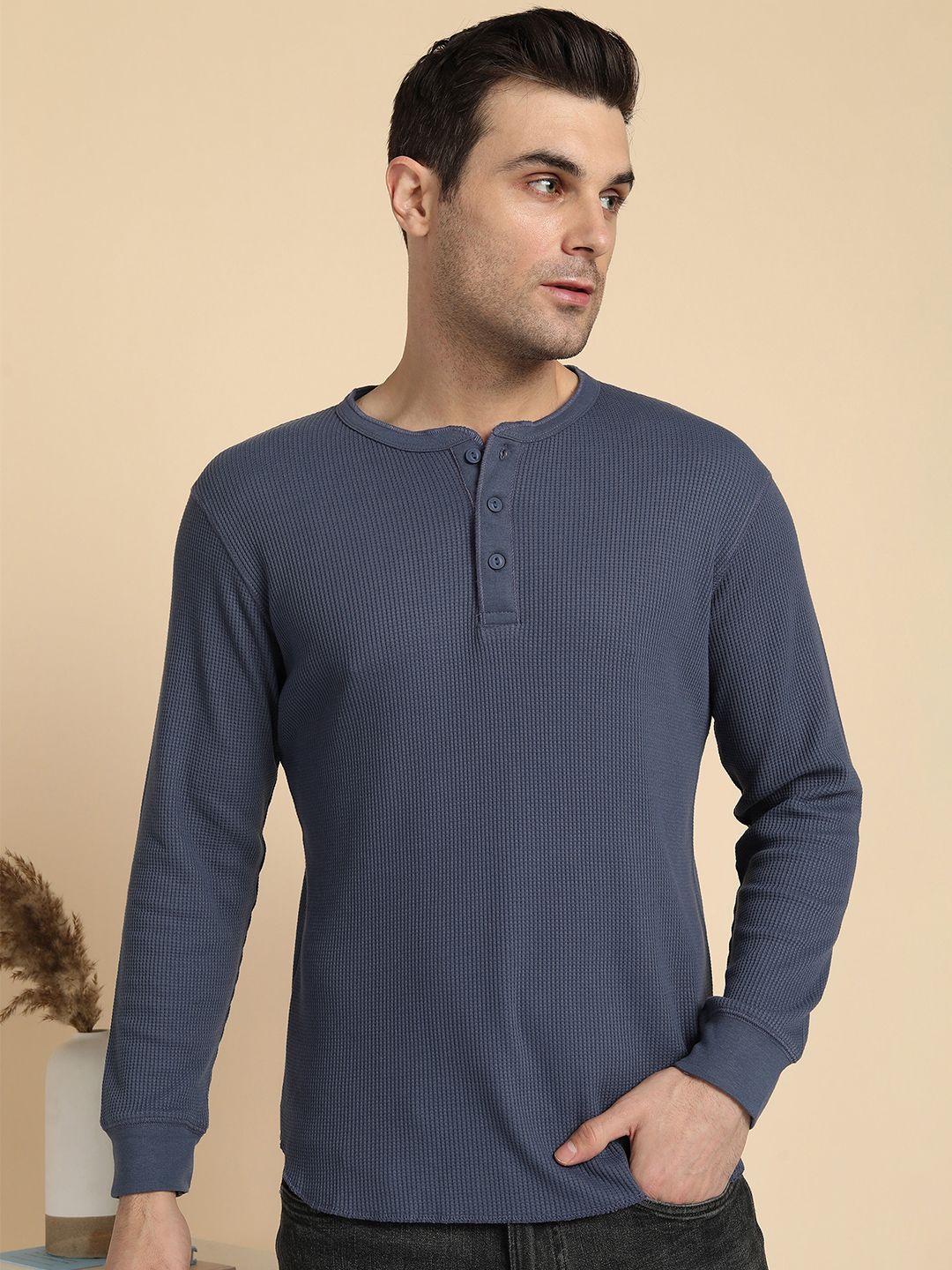 Alan Jones Men Self Design Henley Neck T-shirt