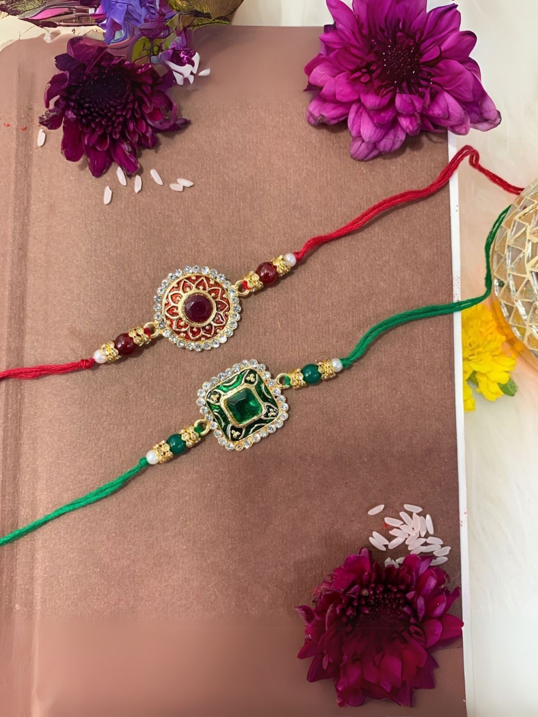 I Jewels Set of 2 Kundan Studded & Pearls Beaded Thread Rakhis With Roli Chawal