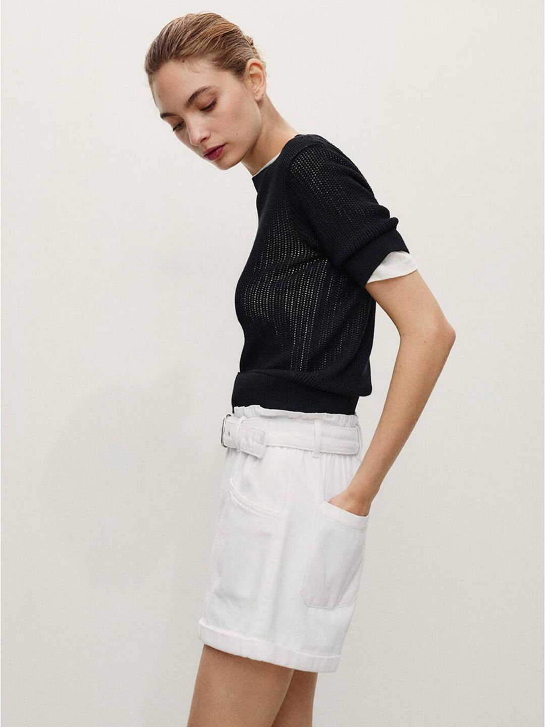 Mid-Rise Pure Cotton Denim Paper Bag Shorts with Belt