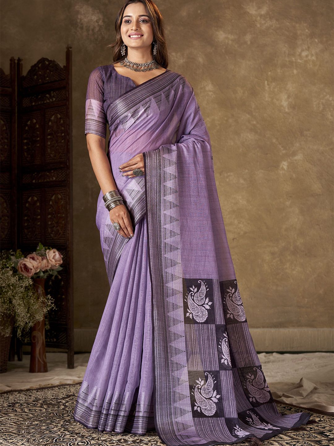 HERE&NOW Ethnic Motifs Pure Linen Block Print Saree