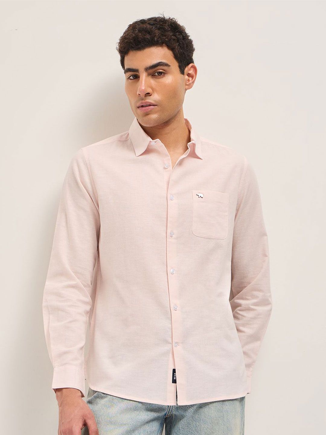 THE BEAR HOUSE Men Slim Fit Solid Spread Collar Casual Cotton Linen Shirt
